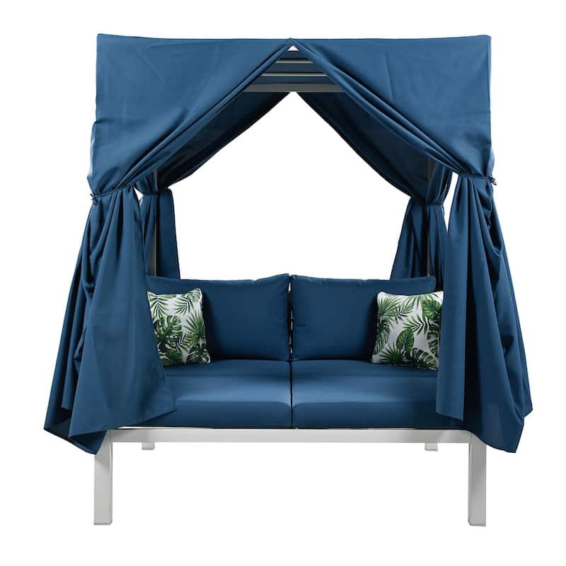 Outdoor Rattan Canopy Daybed Sunbed with Curtain & Woven Rope Arm