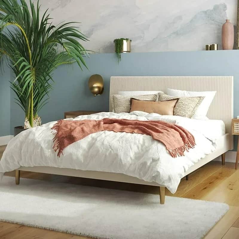 Off-White Ivory Cream Upholstered Platform Bed Frame with Headboard