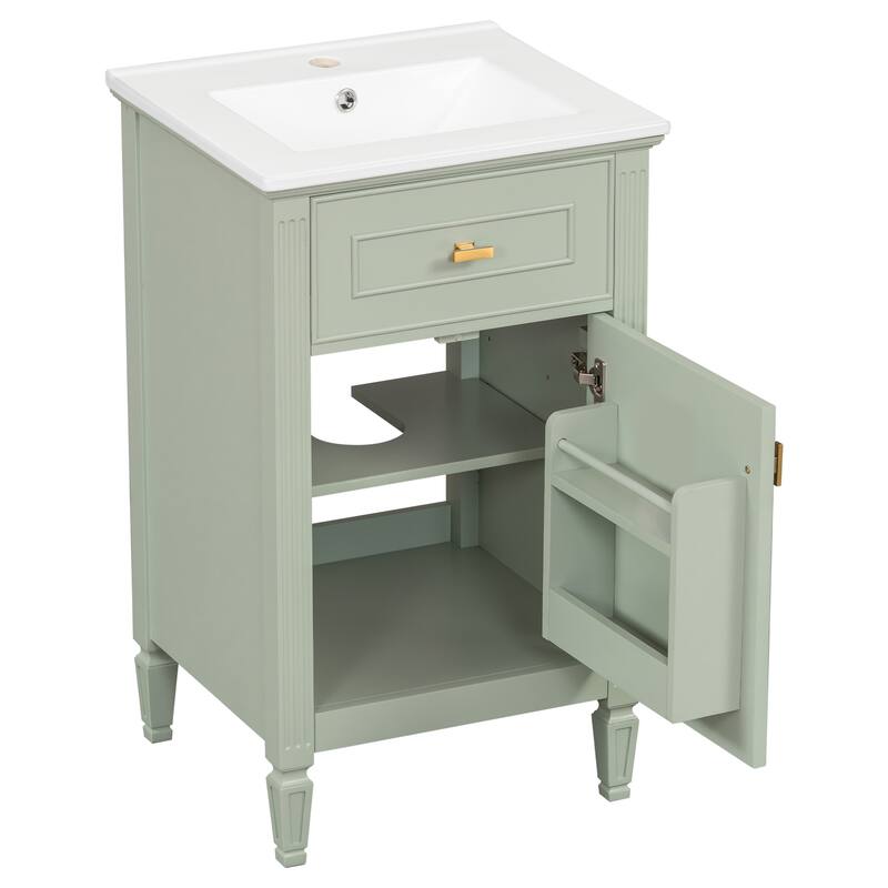 20-Inch Bathroom Vanity With Sink, Solid Wood Legs, Adjustable Shelf, Tilt-Out Drawer, Modern Freestanding Cabinet