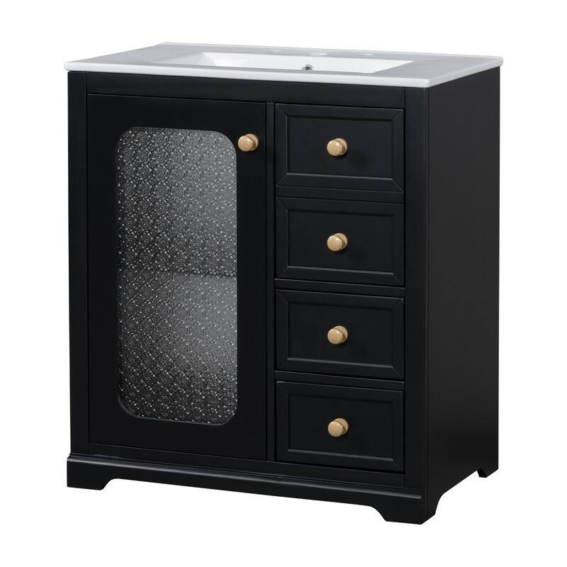 30''/36'' Bathroom Vanity with Sink, 3 Drawers Bathroom Storage Cabinet with Soft-Close Glass Door and Adjustable Shelf