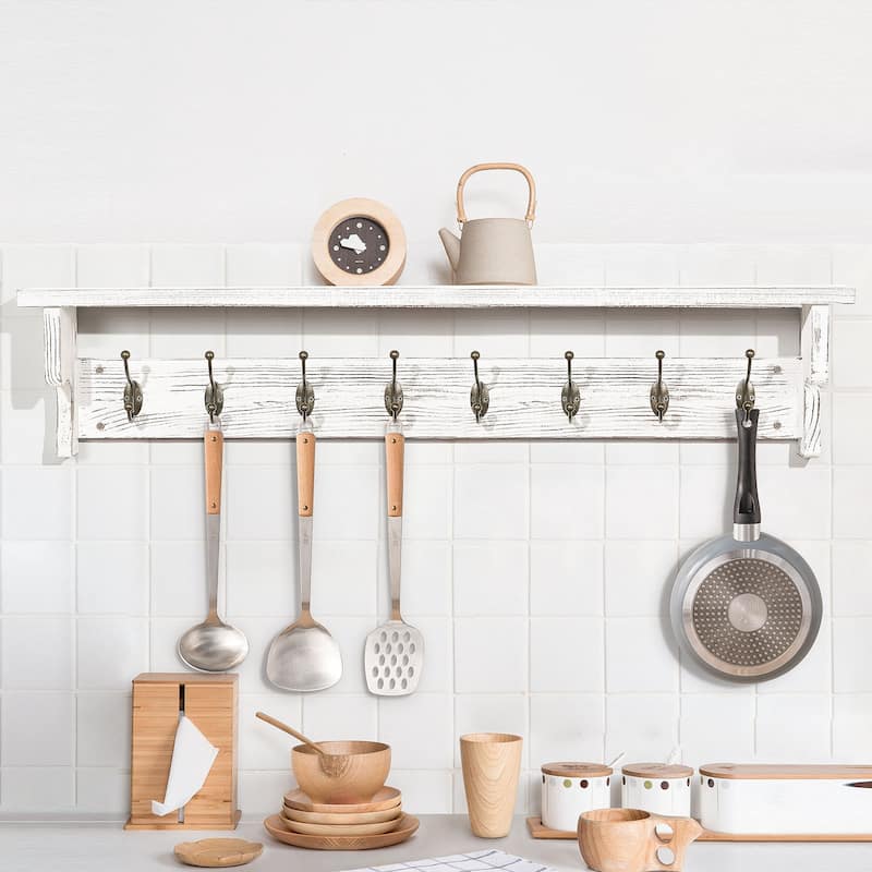 5/8 Metal Hooks Rustic Wall Mounted Coat Rack w/ Storage Shelf