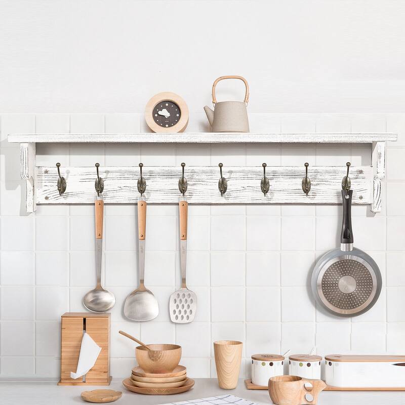 Rustic Wall Mounted Coat Rack with Storage Shelf & Metal Hooks