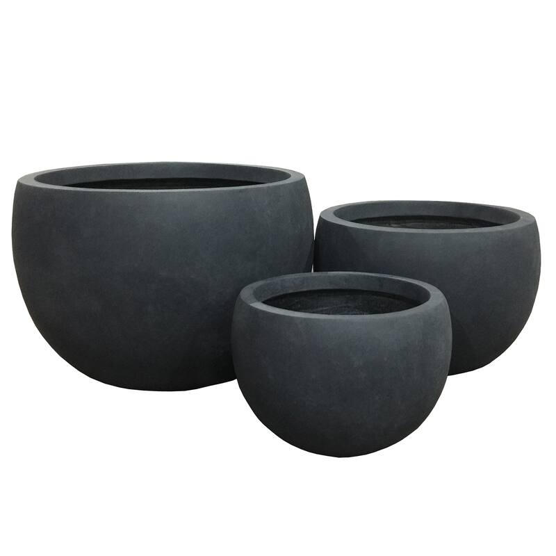 Kante Lightweight Concrete Outdoor Round Planter, Set of 3, 13", 10.5" and 8" Tall, Charcoal