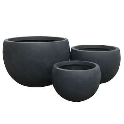 Kante Lightweight Concrete Outdoor Round Planter, Set of 3, 13", 10.5" and 8" Tall, Charcoal