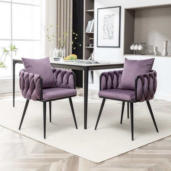 Dark Purple Modern Velvet Dining Chairs Set of 2 Hand Weaving Accent Chairs Living Room Chairs Upholstered Side Chair Purple Purple Multi