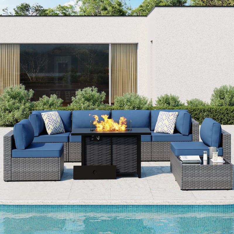 8-Piece Outdoor Patio Wicker Conversation Set with Fire Pit Table, Sectional Sofa & Cushions - N/A - NavyBlue/Silver