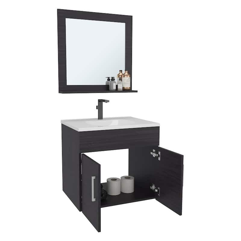 Bathroom Mirror Cabinet with Two Interior Shelves, Wall-Mounted Storage Black
