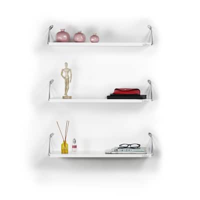 Floating Wall Decor Wall Mounted Rustic Decorative Hanging Metal Bracket Triple Shelfs for Books, White/Chrome
