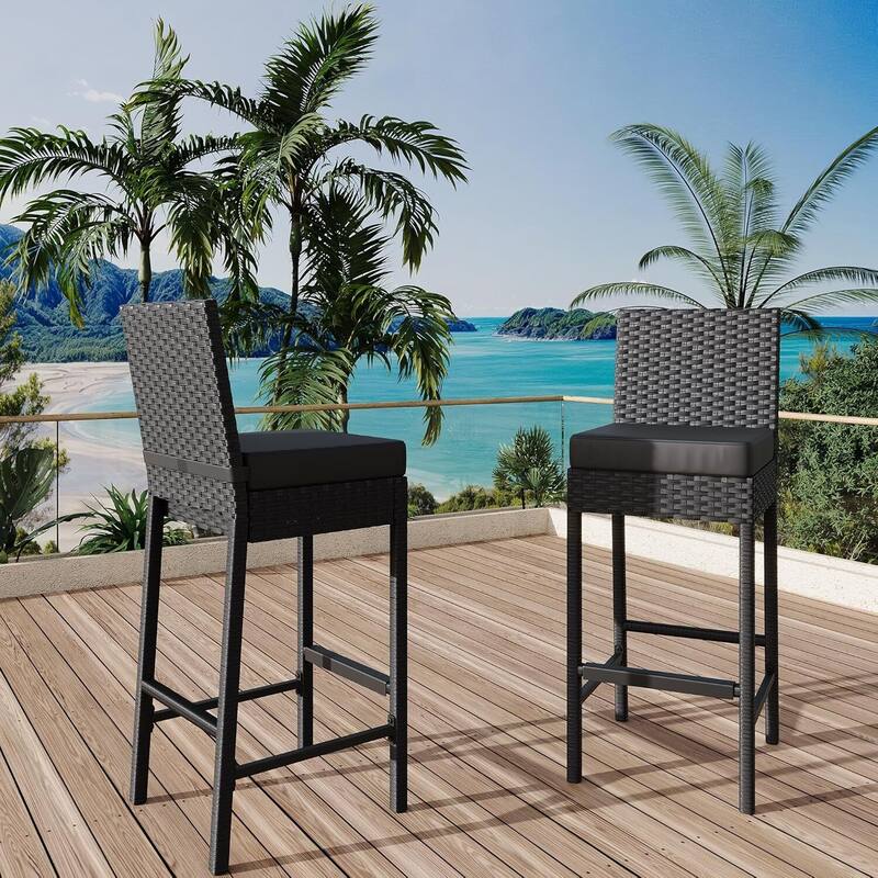 Patio Rattan Bar Stool with Cushions for Indoor Outdoor - Grey