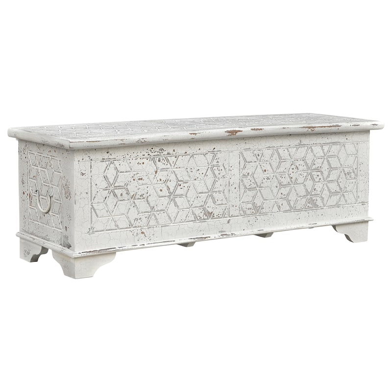 Clara Solid Wood Storage Ottoman with Geometric Carved Design
