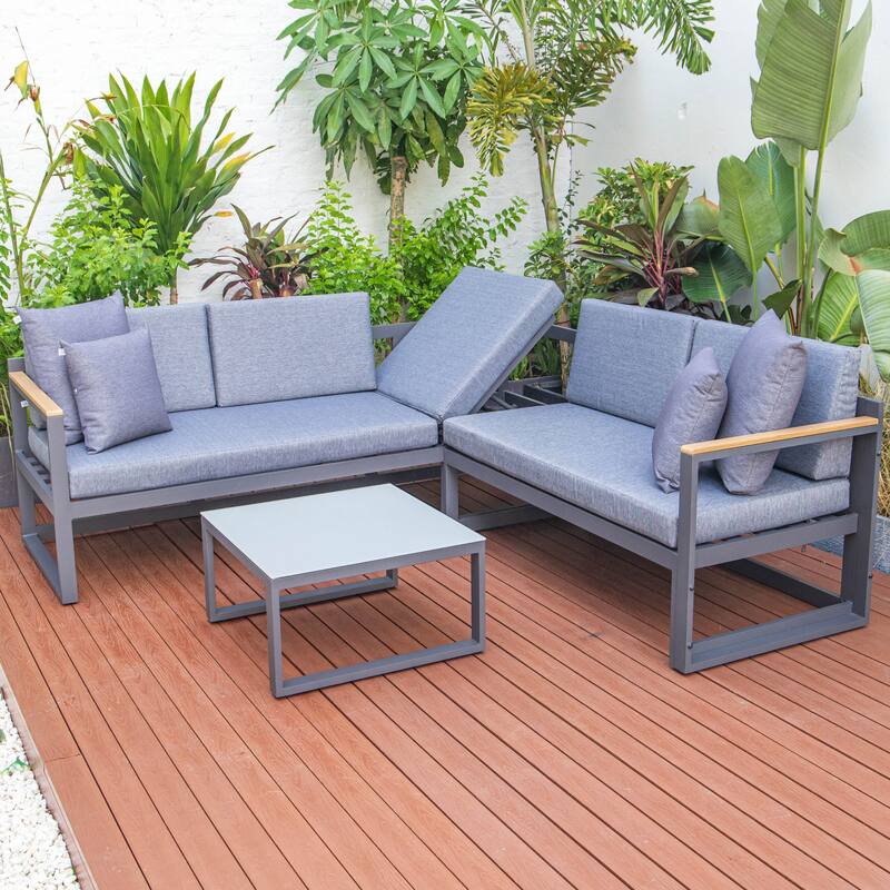 Chelsea 3-Piece Adjustable Headrest All-Weather Sectional Set in Aluminum Frame with Removable Cushion Covers for Indoor/Outdoor