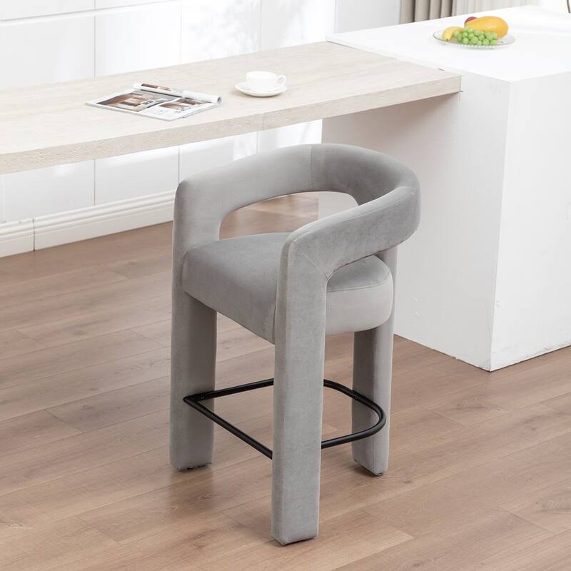 SEYNAR Modern Velvet 34.6''H Fixed Height Open-Back Bar Stool with Metal Footrest