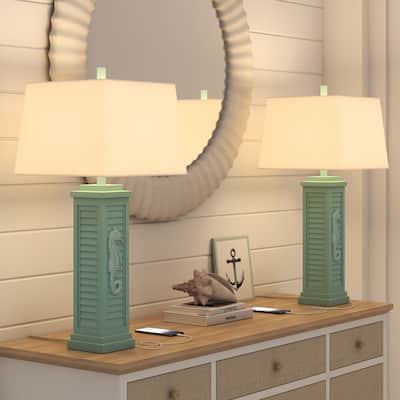 Lux Lighting Sea Horse Shutter 32" Teal Blue/Green Coastal Lamp with USB Charging port (Set of 2) 3-Way Switch