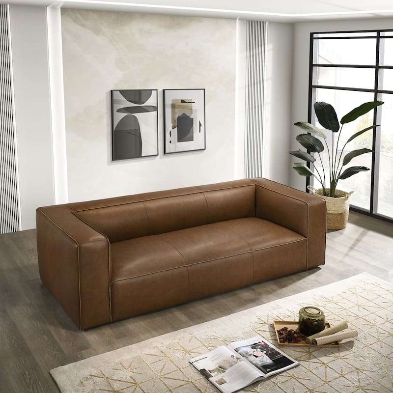 GDFStudio - Colton Genuine Leather 3-Seater 92.5" Sofa with Solid Wood Frame
