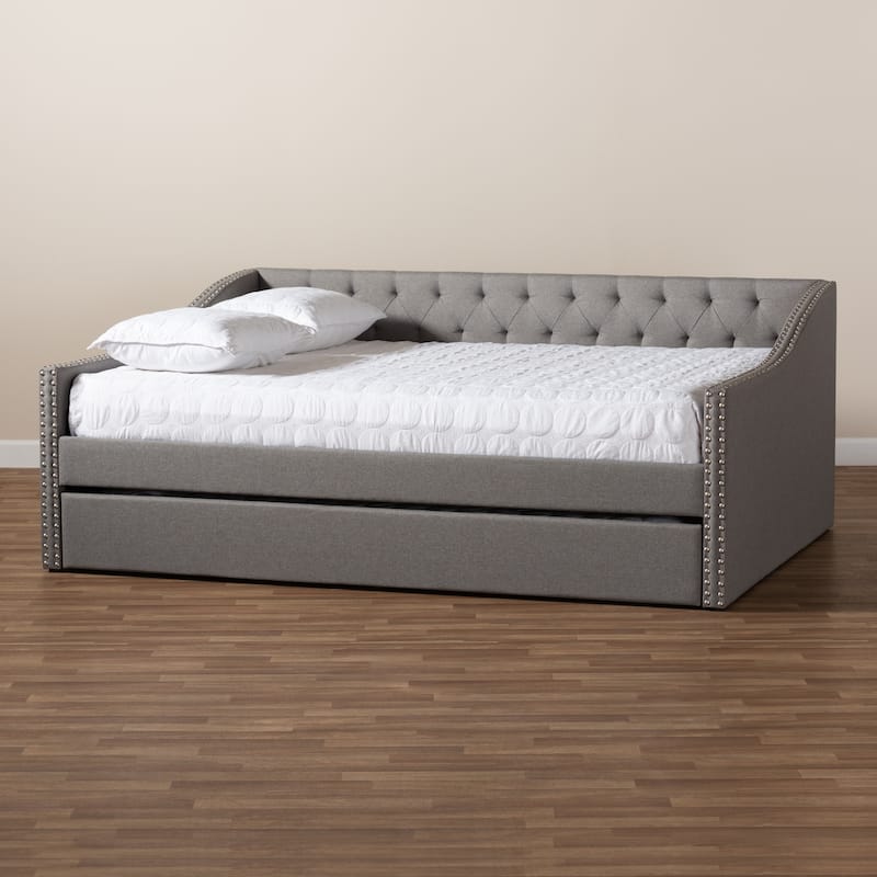 Full Size Daybed with Trundle, Light Grey Upholstered Bed Frame, Button Tufted Design