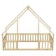 preview thumbnail 10 of 10, Natural Twin Size Pine House-Shaped Floor Bed with Roof & Guardrails