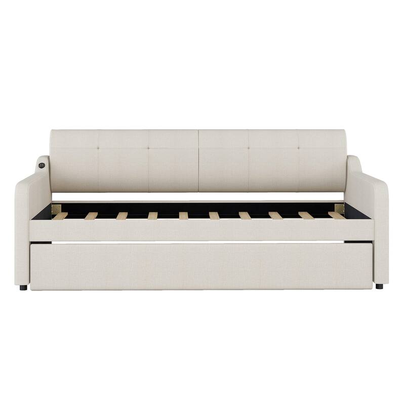 Twin Size Upholstery Daybed with Trundle and USB Charging Design-Beige