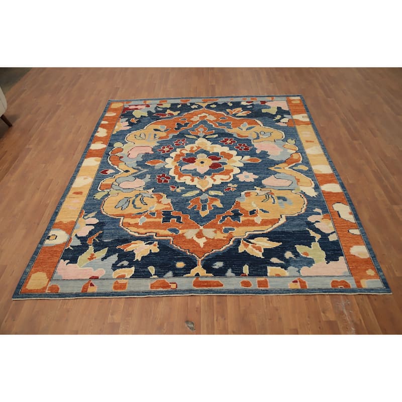 Hand Knotted Oriental 100% Wool Carpet Transitional Floral Navy Blue & Blues Oushak Area Rug - 9' 6'' X 8' 3''