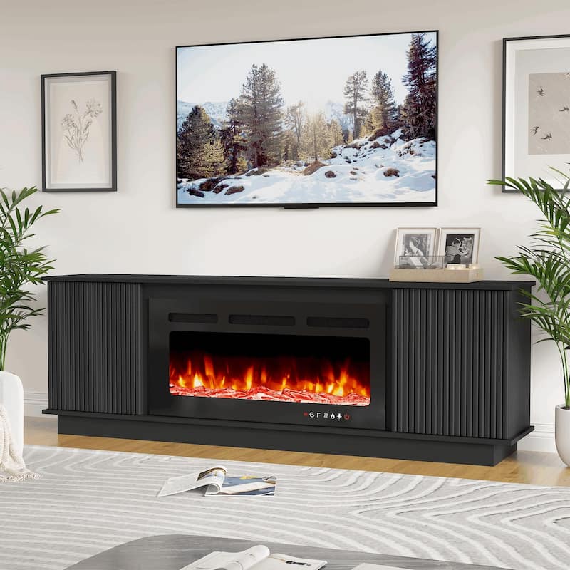 EROMMY 70" Fireplace TV Stand with 36" Electric Fireplace, Fluted Media Console for TVs up to 80", Black