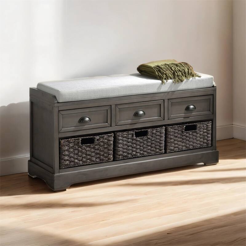 Wood Storage Bench with 3 Drawers and 3 Baskets