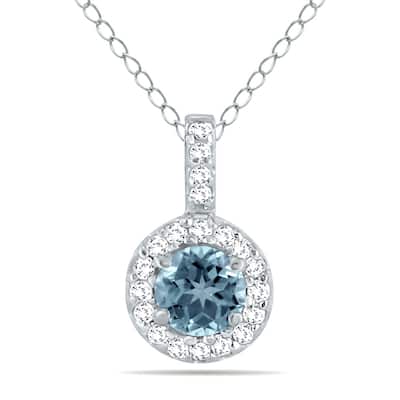 Marquee 1/2 Carat TW Halo Aquamarine And Diamond Pendant in 10K White Gold