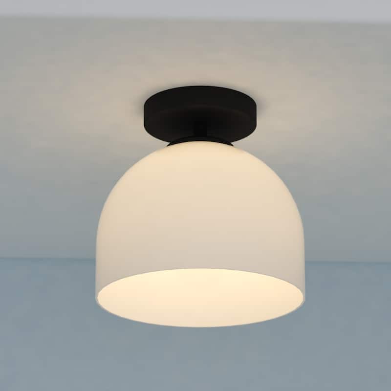 VAXCEL Shelby 1-Light 9.25 in. Wide Dome Semi Flush Mount Ceiling Lighting Fixture, Frosted White Opal Glass Shade - Matte Black - 9.25-in W x 9-in H x 9.25-in D