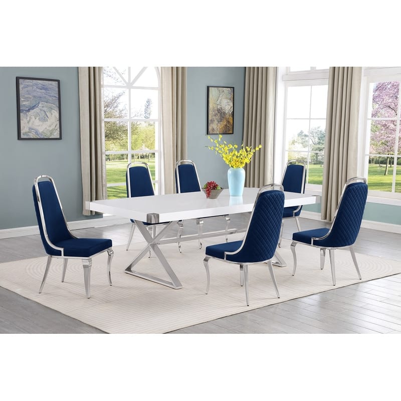 Best Quality Furniture D442/3-SC310-7 Dining Set with 94" White Lacquer Wood Top - 7-Piece - Navy Blue / Silver