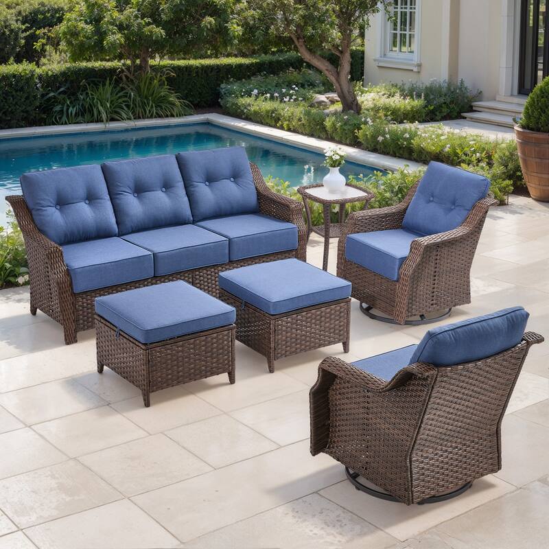 Gymojoy 6-Piece Wicker Patio Furniture Set, 6-Inch Ultra Thick Cushioned 360° Swivel Glider Chairs & Multifunctional Ottomans