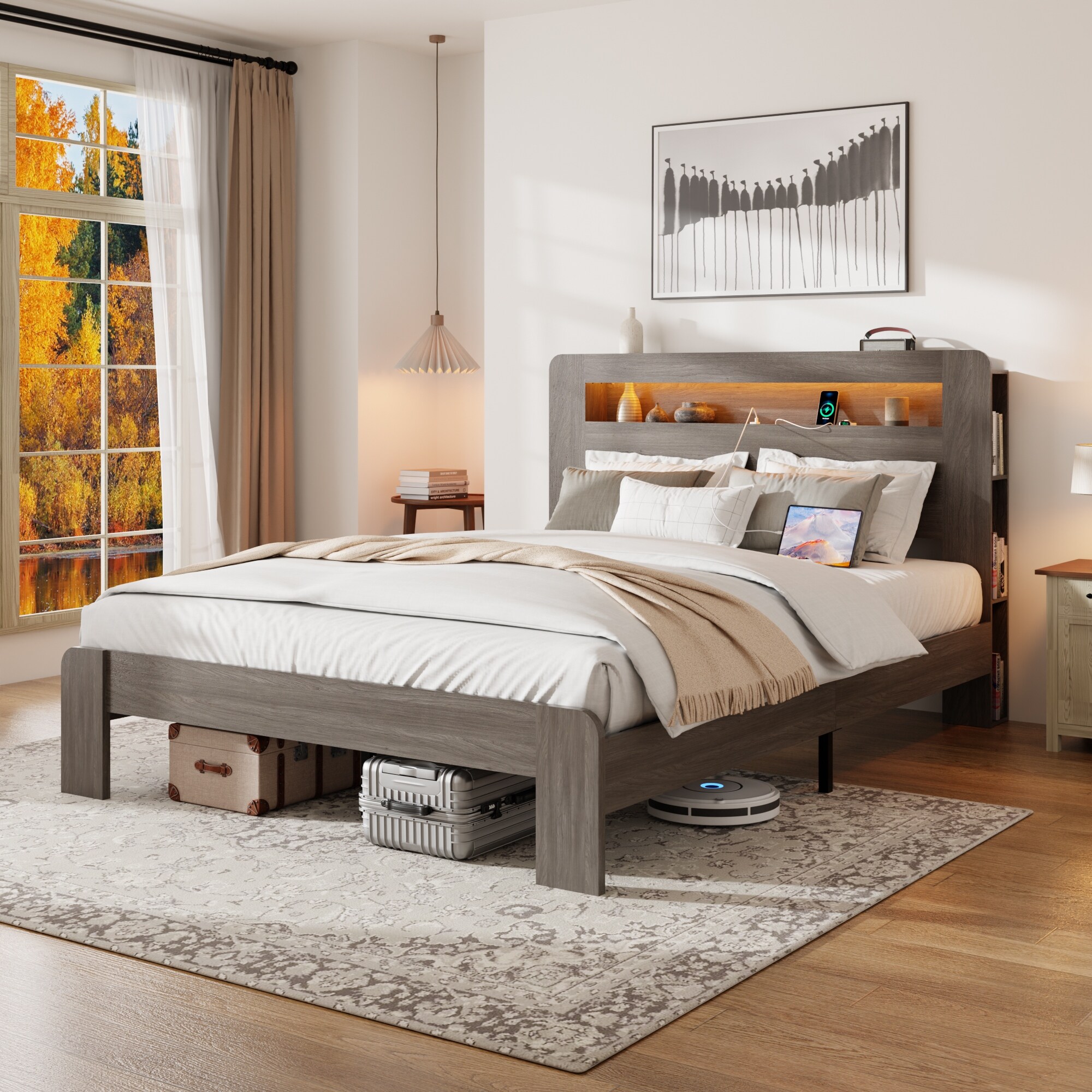Roomfitters Full Wood Platform Bed Frame with Illuminated Headboard, Charging Station, No Box Spring Needed, Dark Grey
