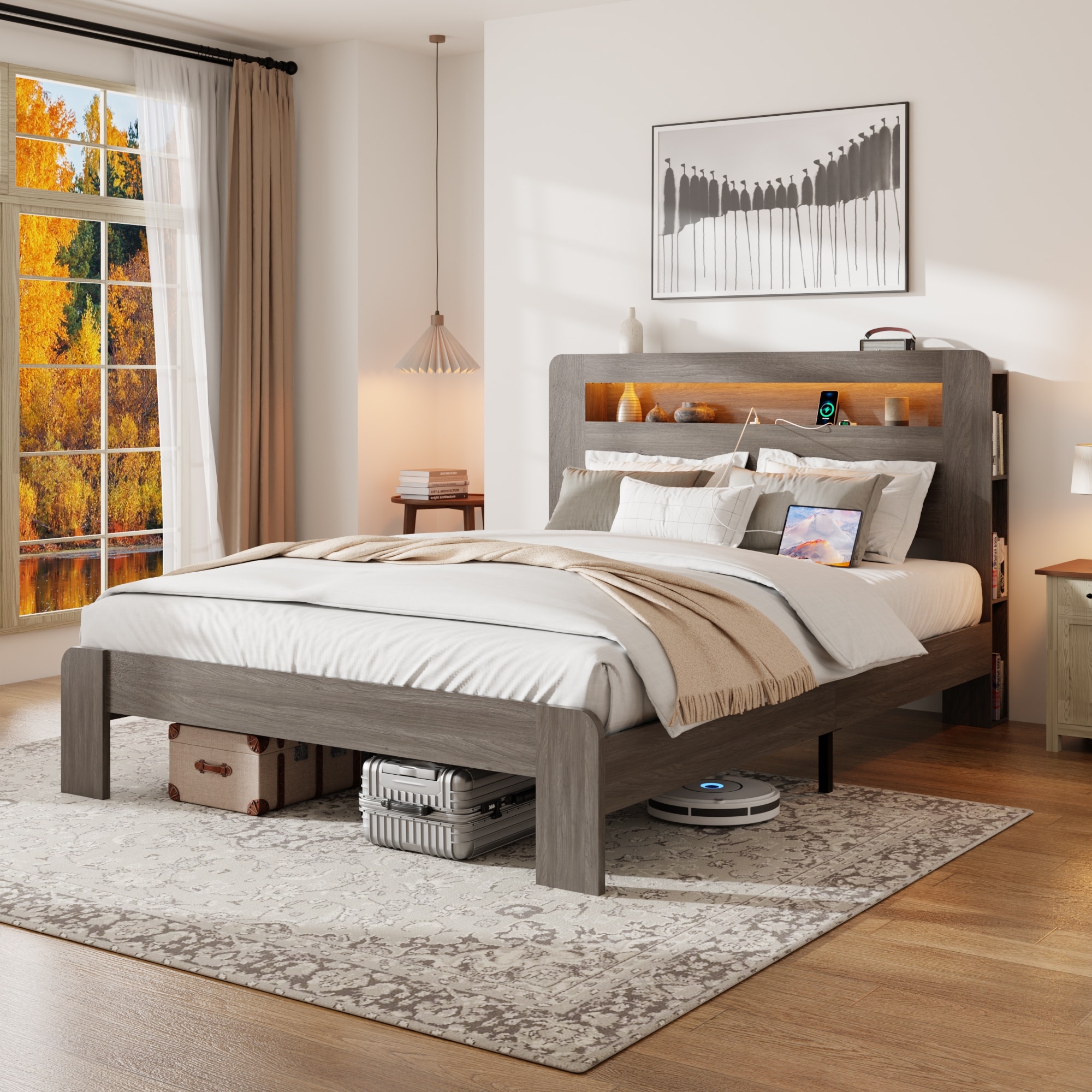 Roomfitters Queen Bed Frame with Wood Platform, Storage Headboard, Charging Station, Bar Headboard, Under Bed Storage, Grey