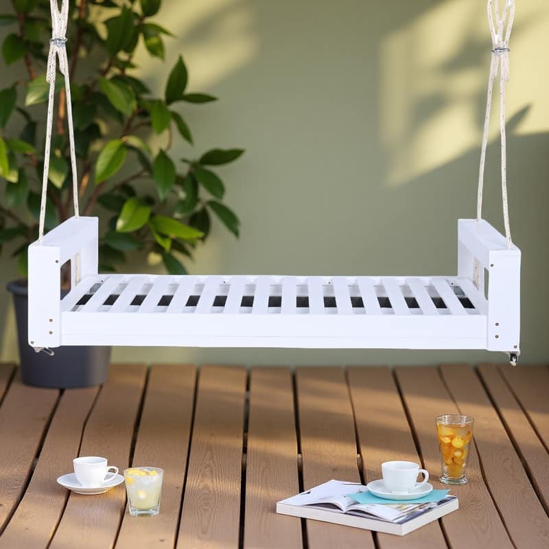 Acacia Wood Twin Size Porch Swing Bed with Hemp Ropes Outdoor Hanging Daybed, 400lb Capacity