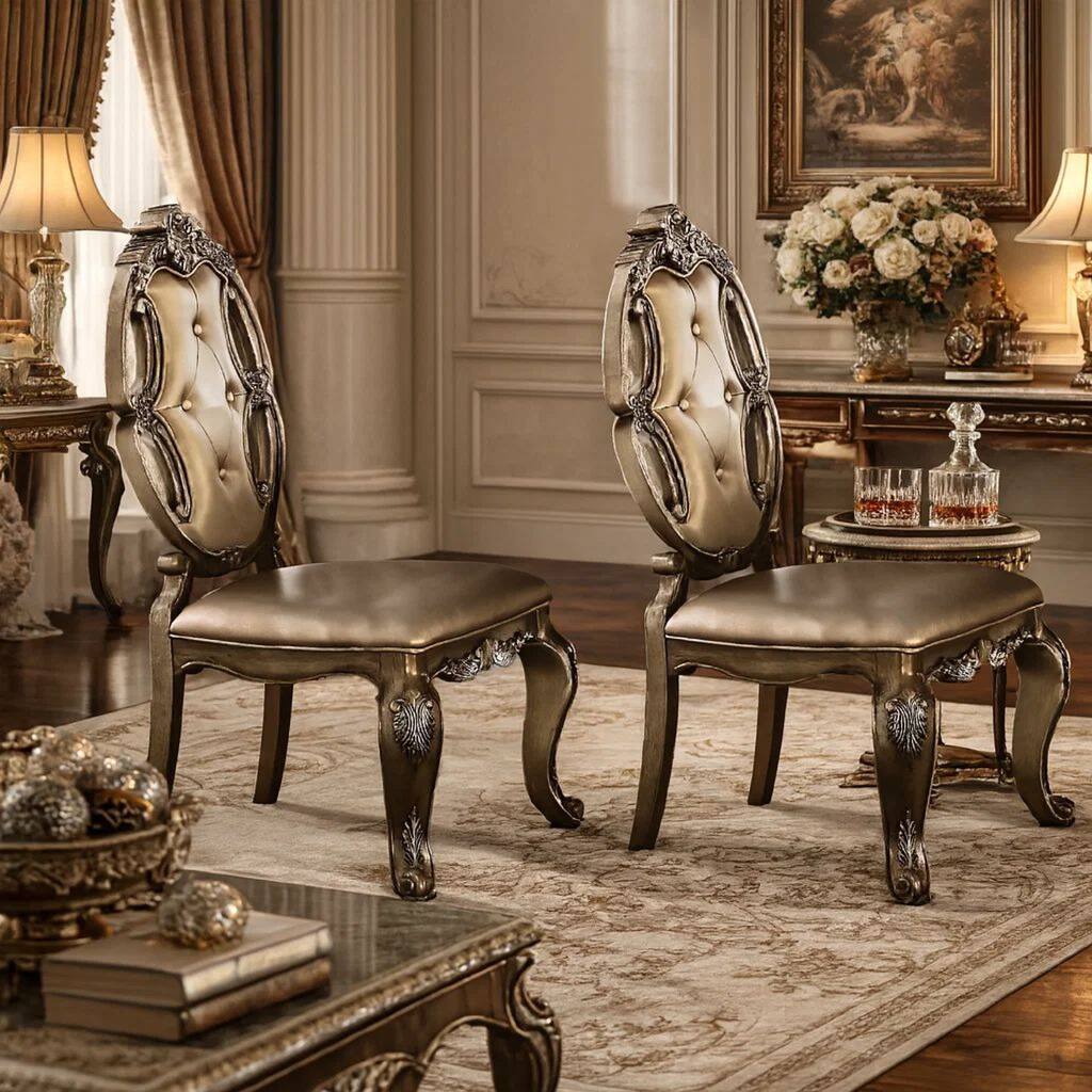 26 Inch Dining Chair, Faux Leather, Set of 2, Champagne Gold