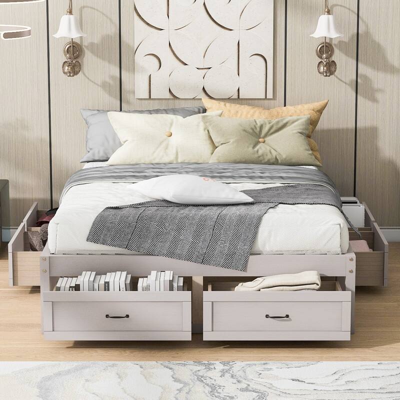 Full Size And Queen Size Platform Bed with 6 Storage Drawers,Antique White - Antique White - Queen