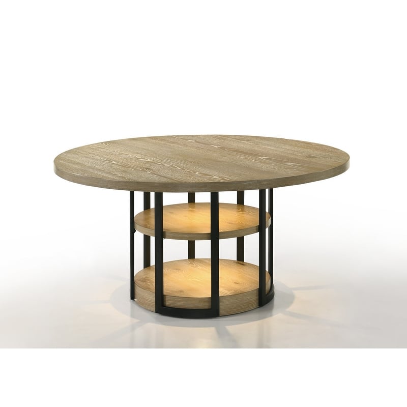 Eden 59" Round Rustic Oak Dining Table with LED Light, Black Metal Frame, Shelves