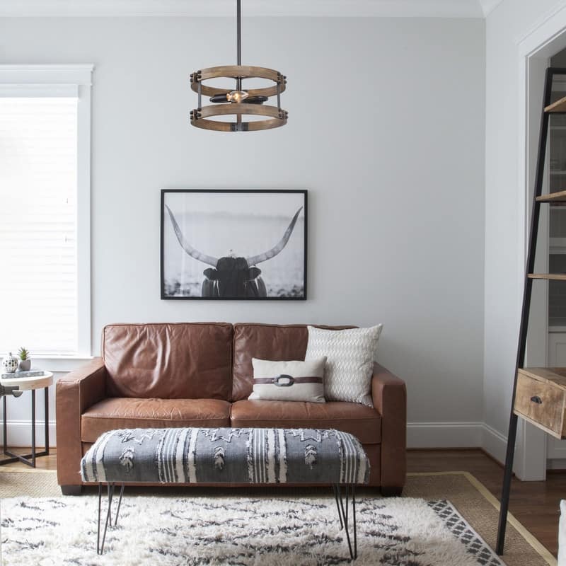 Modern Farmhouse 2-Light Wood Drum Chandelier Hanging Pendant Lights - 12"W x 5.5"H