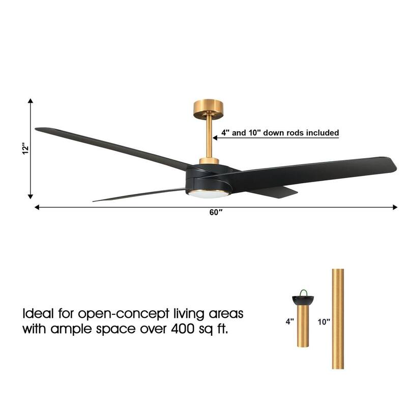 60-in Modern Black ABS 4-blade Brass Ceiling Fan with Light and Remote