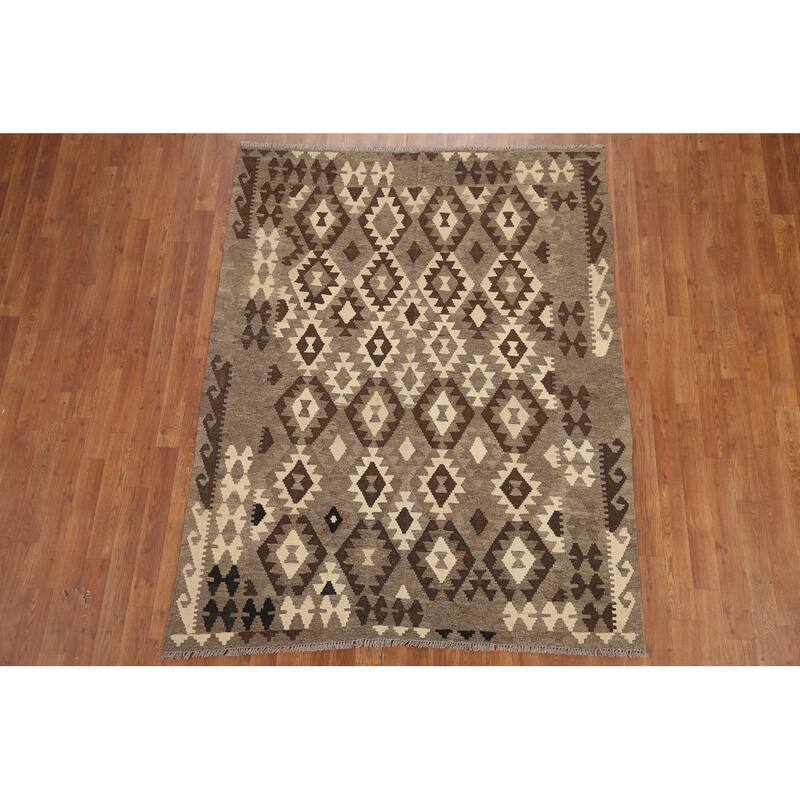 Hand Woven Oriental 100% Wool Carpet Southwestern Geometric Brown Kilim Area Rug - 6' 5'' X 5' 0''