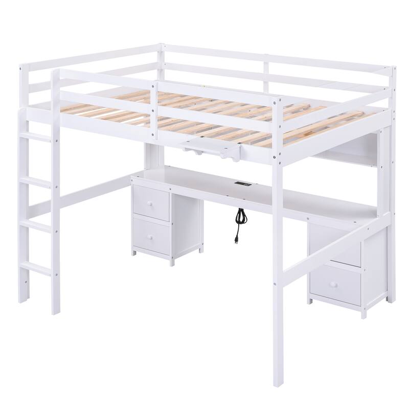 Full Size Loft Bed with Desk, Storage Cabinets, Drawers, Charging Station, White