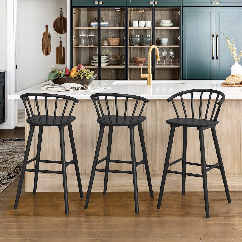 Set of 3 Counter Height 30.in Bar Stools with Spindle Back and Solid Wood Frame Chairs for for Kitchen Island