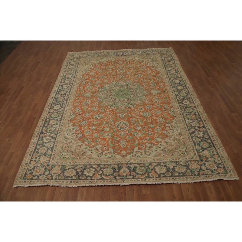 Hand Knotted Oriental 100% Wool Carpet Traditional Floral Oranges & Rust Tabriz Area Rug - 11' 1'' X 8' 1''