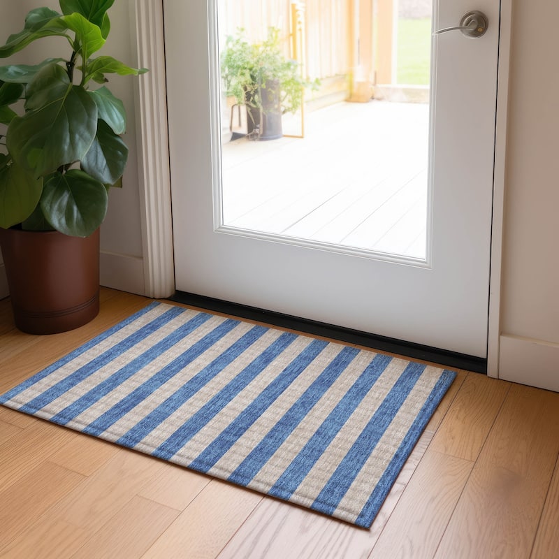 Machine Washable Indoor/ Outdoor Cabana Stripe Chantille Rug