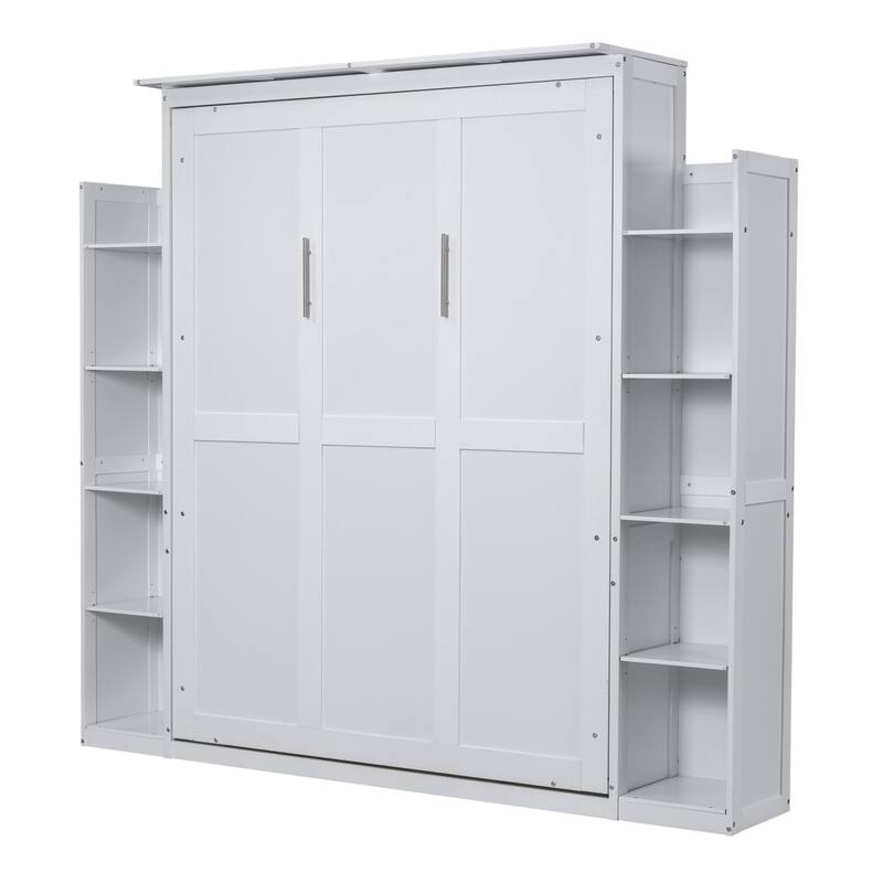 Murphy Bed Frame Foldable Into Wall Cabinet with Bookshelf & LED Light