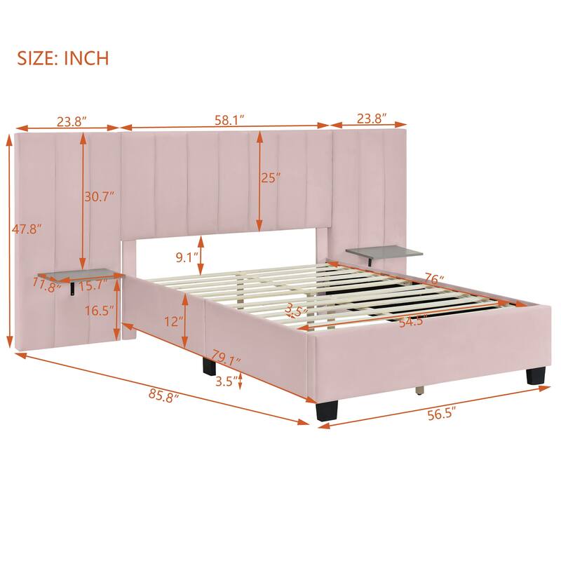 Upholstered Platform Bed with Soft Oversized Headboard and Storage Shelves