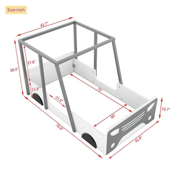 Grey Twin Pine Car-shaped Bed with Roof & Wheels