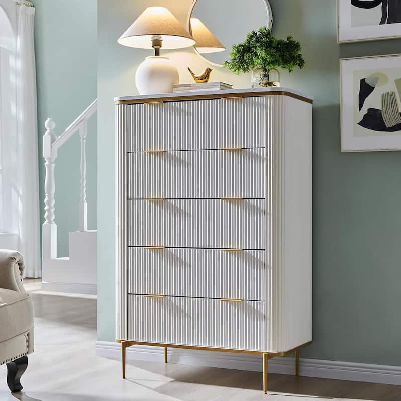 Modern Fluted 5 Drawers Dresser for Bedroom, Dresser Chest of Drawers