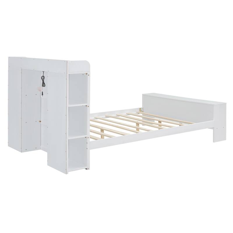 Full Size Platform Bed with built-in shelves, LED Light and USB ports, Gray
