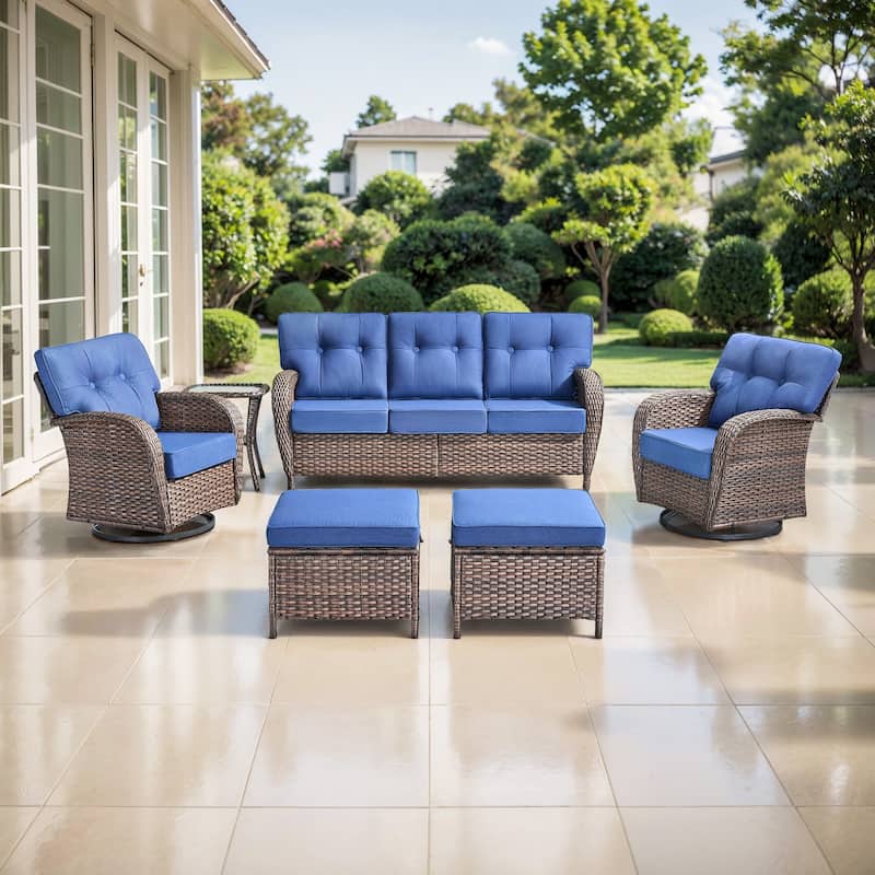TWrap 6-Piece Patio Brown Wicker Sofa Conversation Set with 5-Inch Thick Cushions - Brown/Navy Blue - 6-Piece