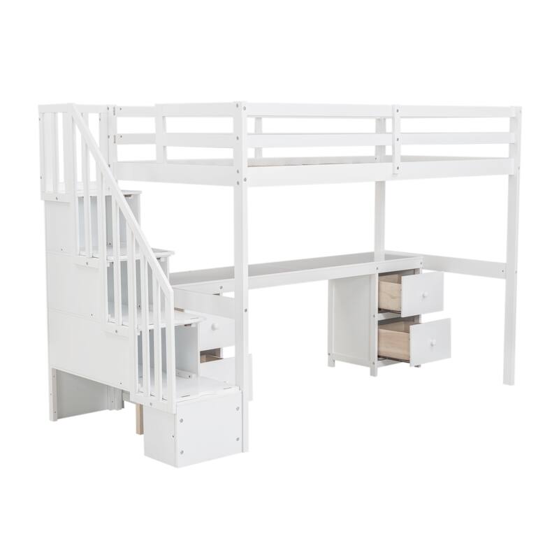 Twin Loft Bed with Built-in Desk and Double Drawers, White