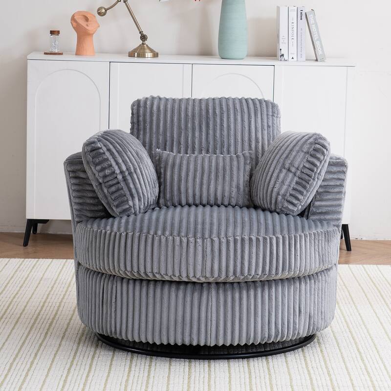 360 Degree Rotation Swivel Chair Corduroy Barrel Chair for Living Room with Pillows - Grey