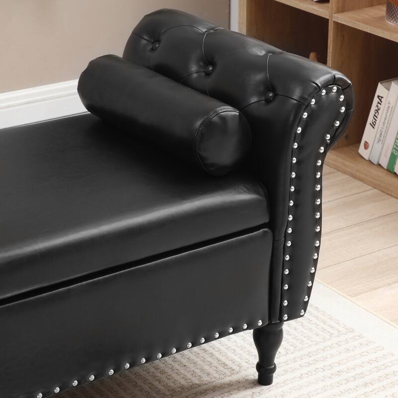 63" PU Upholstered End of Bed Bench Flip Top Entryway Ottoman with Safety Hinge Storage Rectangular Sofa Stool Buttons